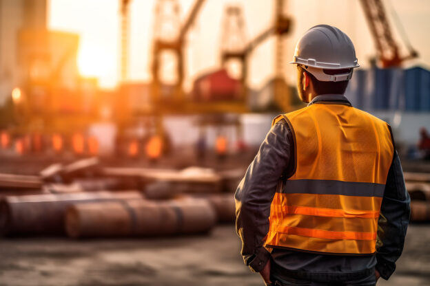 Back view of construction engineer in standard safety looking at the building in the construction site